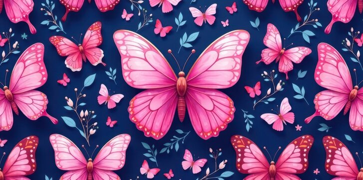 Seamless repeating pattern featuring charming pink butterflies , wallpaper, print