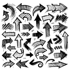 Set of black hand drawn arrows in multiple shapes