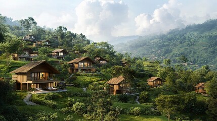 Fototapeta premium Serene Village Nestled Within Lush Green Rolling Hills