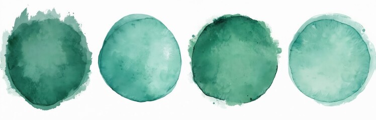 Set of hand drawn green turquoise watercolor circles on white background. Aquarelle illustration features ink splashes, dots. Brush stroke painting for creative design element. Vibrant artistic
