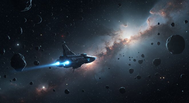 Futuristic spacecraft travels through space amidst asteroids and starlight