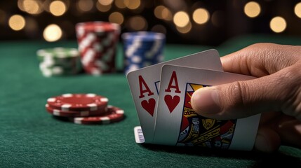Close-up of poker player hand holding cards with poker chips in the background