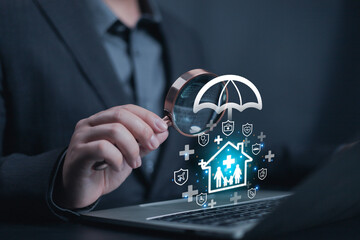 Insurance and safety protection concept. A man show icon in front the laptop, Certification of various types of insurance services. healthcare, investment, Car, travel, health family insurance