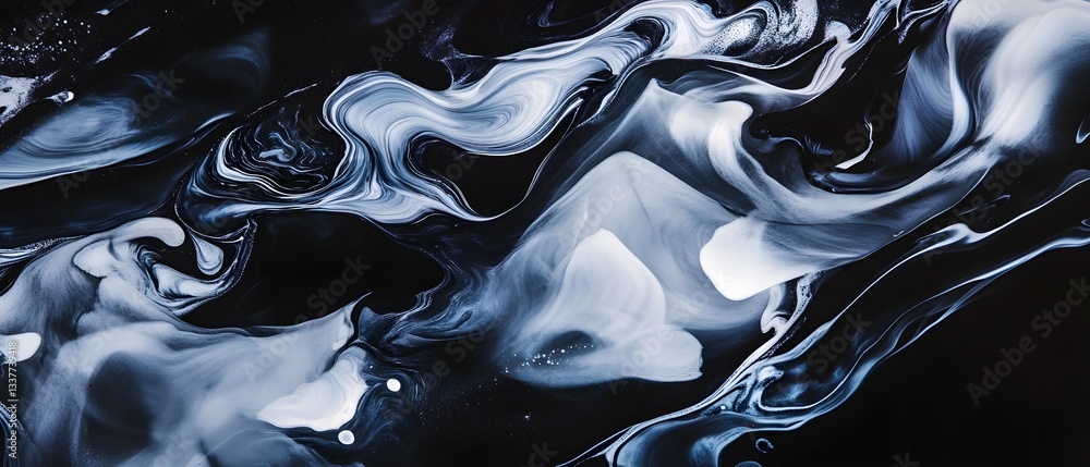 Poster flowing black and white abstract composition with dynamic swirling forms creating a sense of movemen