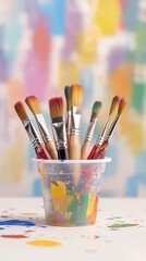 Fototapeta premium close-up photo of paint brushes in a plastic cup