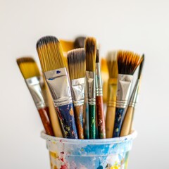 Fototapeta premium close-up photo of paint brushes in a plastic cup