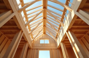 Obraz premium Wooden trusses of unfinished house under construction against blue sky. Timber framework project with beams, boards. Carpenter shop design, dwelling development, exterior. Concept of housing,