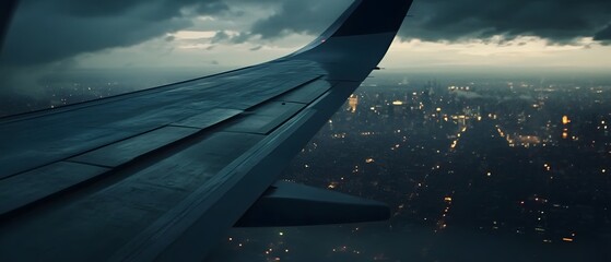 Fototapeta premium A commercial airliner s wing soars above a sprawling metropolitan skyline at the start of the day with the city s twinkling lights visible against the cloudy atmospheric sky and dramatic