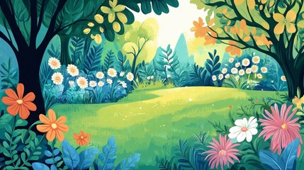 Enchanting Spring Meadow A whimsical illustration of a vibrant floral landscape