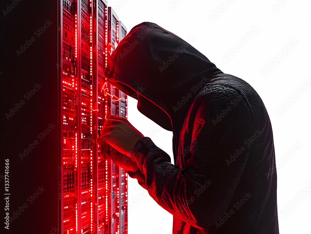 Poster a hooded figure engaging with a high-tech server illuminated by red lights, highlighting themes of c