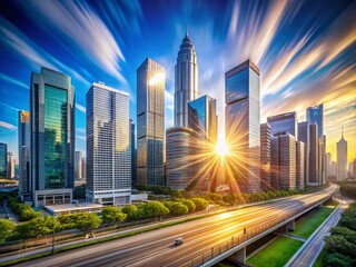 Fototapeta premium Modern Cityscape: Sunlit Skyscrapers & Urban Development Business Background Stock Photo