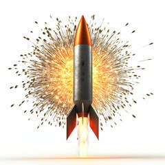 A dynamic rocket launching with a fiery explosion, symbolizing advancement and innovation in technology and space exploration.