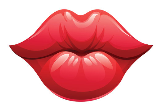 Glossy red lips with shiny, showing a close up view of a kiss, plump appearance. Vector cartoon illustration
