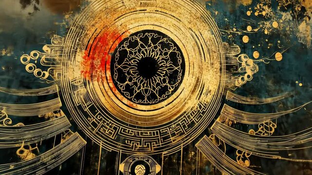 Ornate gold circle design, dark background, abstract art