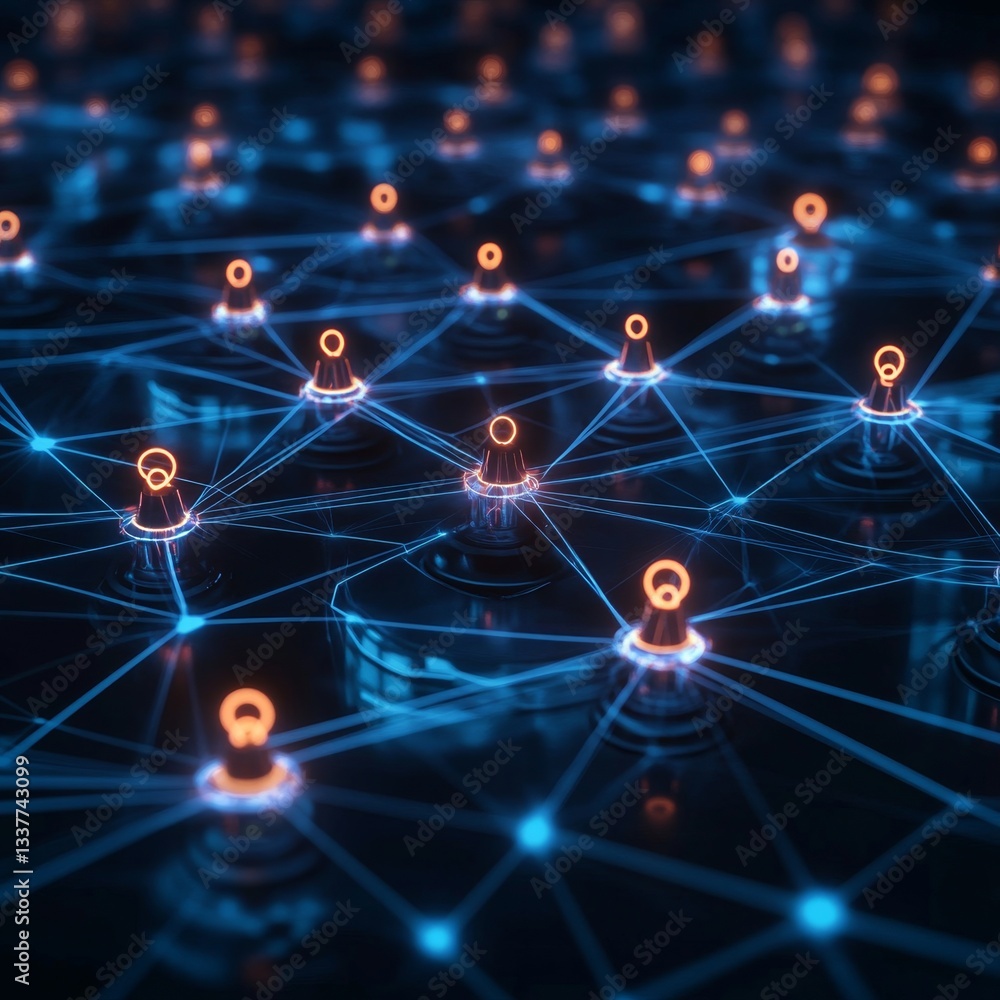 Poster futuristic business networking concept in 3d with digital icons
