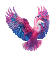 Majestic Pink and Blue Fantasy Dove with Spread Wings Showing Vibrant Feather Detail and Graceful Flying Pose Isolated on Transparent and White Background