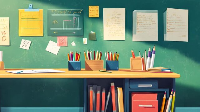 A cozy and organized workspace featuring a wooden desk filled with colorful stationery, books, and scattered notes on a green chalkboard wall. The warm lighting and artistic details create an inviting