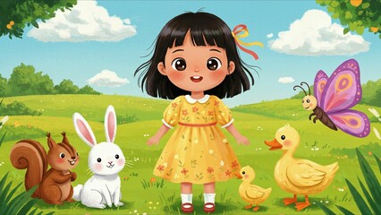 Fototapeta premium Girl with Animals in Sunny Meadow