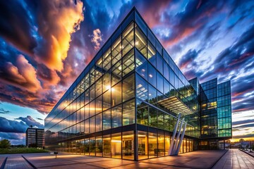 Fototapeta premium Modern Glass Building Night Reflection Cloudscape Urban Architecture