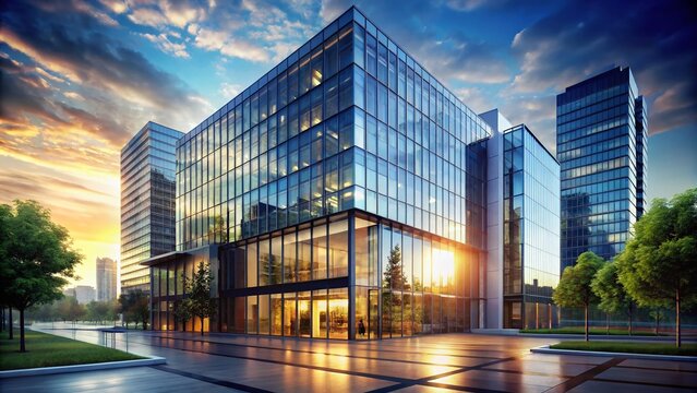 Modern Glass Office Building Architectural Design Render - Stunning Cityscape View