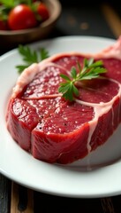 Close up of juicy raw meat steak on white plate, juicy, red, raw