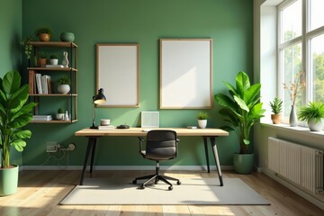 Eco-friendly office interior with green accents and inspirational wall art, sustainable, inspirational, wall art