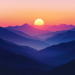 Obraz premium Vibrant sunset over misty mountain range.