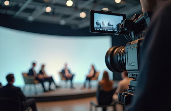 Video camera shoots speakers at business forum. Audience listens to presentation on stage during convention. Camera records speaker giving speech. Modern financial technologies presentation.