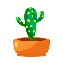 Green cactus in orange pot with flowers. House flowerpot cute object design in cartoon flat style. Vector illustration decorative potted succulent plant isolated on white background