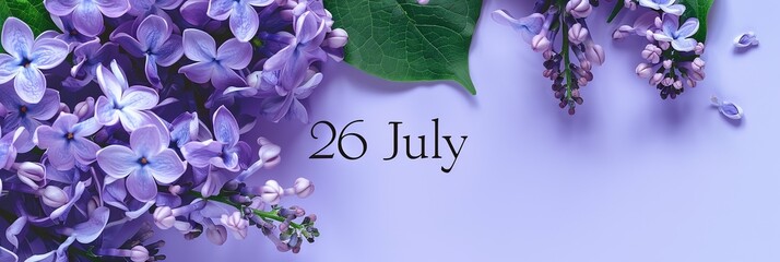 A beautiful arrangement of lilac flowers on a soft purple background with the date 26 July inscribed elegantly.