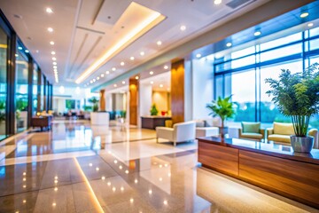 Modern Luxury Hotel Lobby Interior: Blurred Reception Area with Glass Walls and Corridor