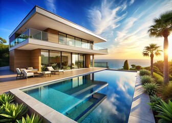 Fototapeta premium Modern Luxury Villa with Infinity Pool and Ocean View - Stock Photo