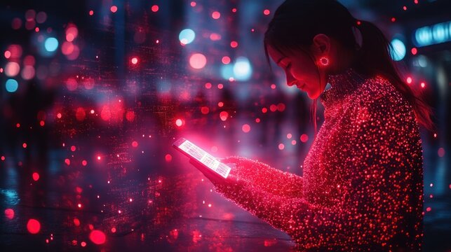 Woman using phone at night with digital glow, city background, social media - Powered by Adobe