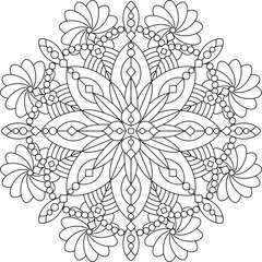 Abstract mandala, centerpiece or whimsical snowflake line art design or coloring page
