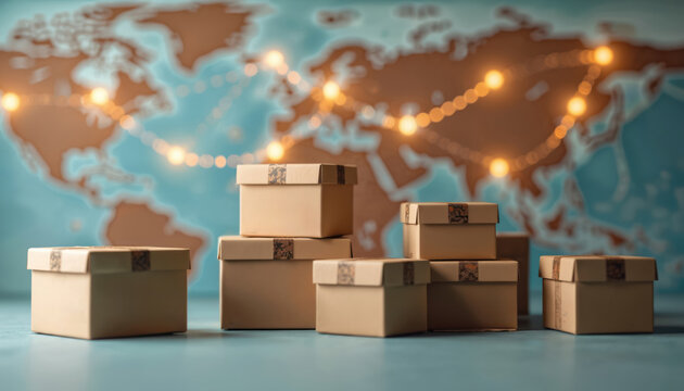 Stack of cardboard boxes against blurred world map backdrop with global logistics network. Concept of worldwide e-commerce distribution, import export, international trade, global business.