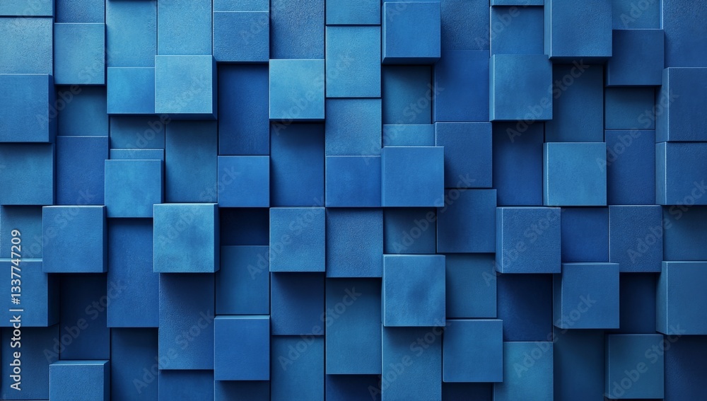 Poster abstract geometric pattern of interlocking blue squares. a wall of stacked cubes in shades of deep b