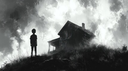 Boy gazes at derelict farmhouse, stormy sky, horror film poster