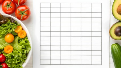 calorie counting chart diet healthy eating concept Fresh vegetables arranged around a blank recipe sheet for meal planning.