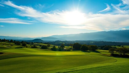 Fototapeta premium Sun-drenched golf course, vibrant green fairways, distant mountains, clear blue sky, tranquil, environment