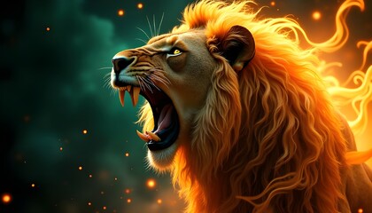 A close-up portrait of a regal lion, its face covered in mesmerizing fractal patterns that weave seamlessly through its fur. The lion's emerald-green eyes glow intensely, staring directly into the 