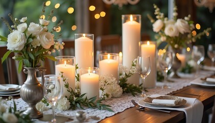 A beautifully arranged wedding reception table in a Provence-style venue, featuring bulk candles made of granulated wax in elegant glass jars and ceramic holders. The candles emit a soft, warm glow, 