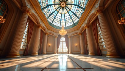 A magnificent architectural masterpiece in Kyiv, Ukraine, featuring a vast glass ceiling with a domed structure, allowing breathtaking views of the sky above. The wide-angle perspective showcases