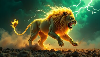 A dynamic action shot of a fractal lion mid-attack, its muscular body lunging forward with claws extended and fangs bared. Its mane crackles with golden and green fractal energy, creating an electrify