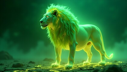 A dynamic action shot of a fractal lion mid-attack, its muscular body lunging forward with claws extended and fangs bared. Its mane crackles with golden and green fractal energy, creating an electrify