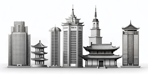Monochrome Architectural Wonders: Skyscrapers, Churches & Pagodas - Minimalist Black & White Design