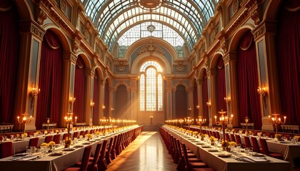 A magnificent architectural masterpiece in Kyiv, Ukraine, featuring a vast glass ceiling with a domed structure, allowing breathtaking views of the sky above. The wide-angle perspective showcases 