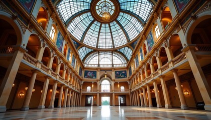 A magnificent architectural masterpiece in Kyiv, Ukraine, featuring a vast glass ceiling with a domed structure, allowing breathtaking views of the sky above. The wide-angle perspective showcases
