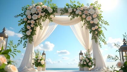A dreamlike wedding arch covered in a lush canopy of white orchids, soft pink roses, and trailing ivy. A sparkling crystal chandelier with multiple tiers of hanging glass droplets is suspended in the 
