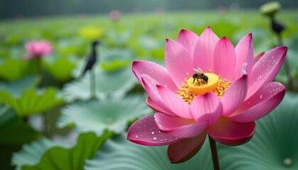 A tranquil pond at Ranganathittu Bird Sanctuary, Mysuru, Karnataka, filled with vibrant pink and white lotus flowers in full bloom. The large, round green lotus leaves float gently on the water’s