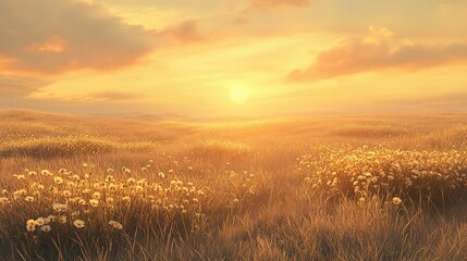 Obraz premium Golden Sunset Over Scenic Field with Flowers in Gentle Breeze